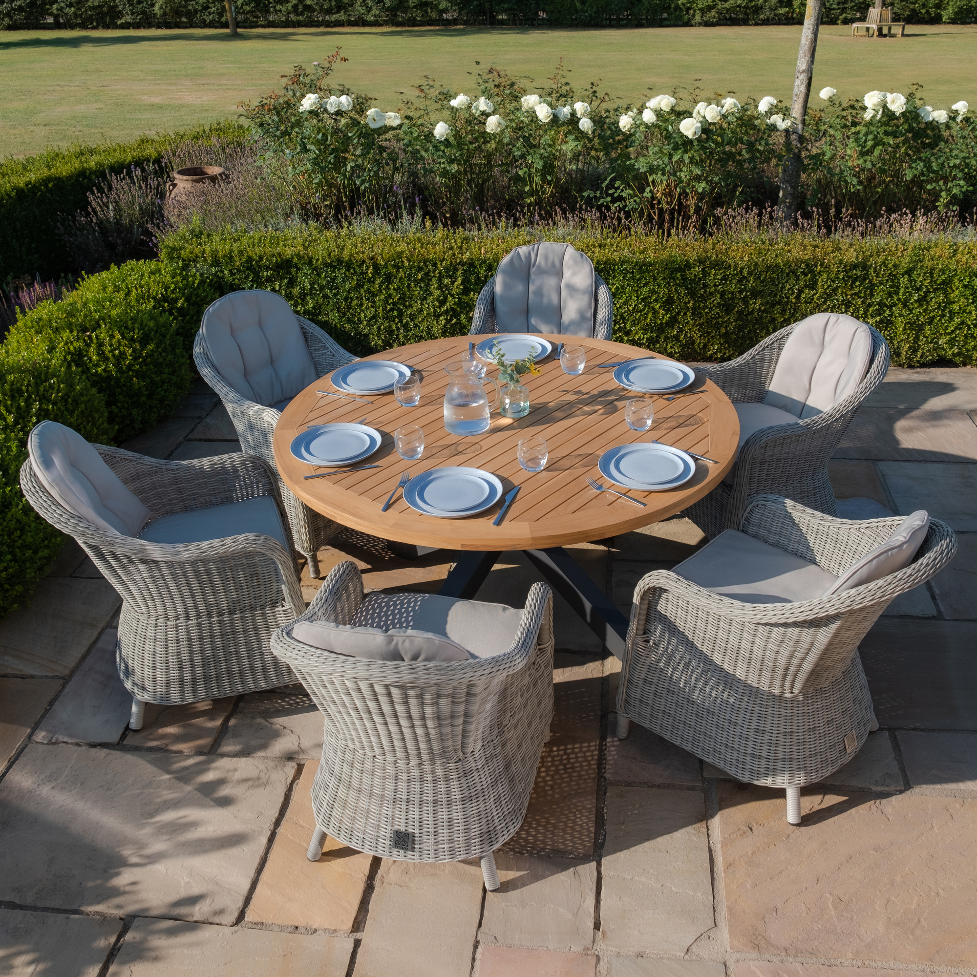 Jakarta Teak Round Dining Table with 6 Oxford Hertiage Rattan Dining Chairs